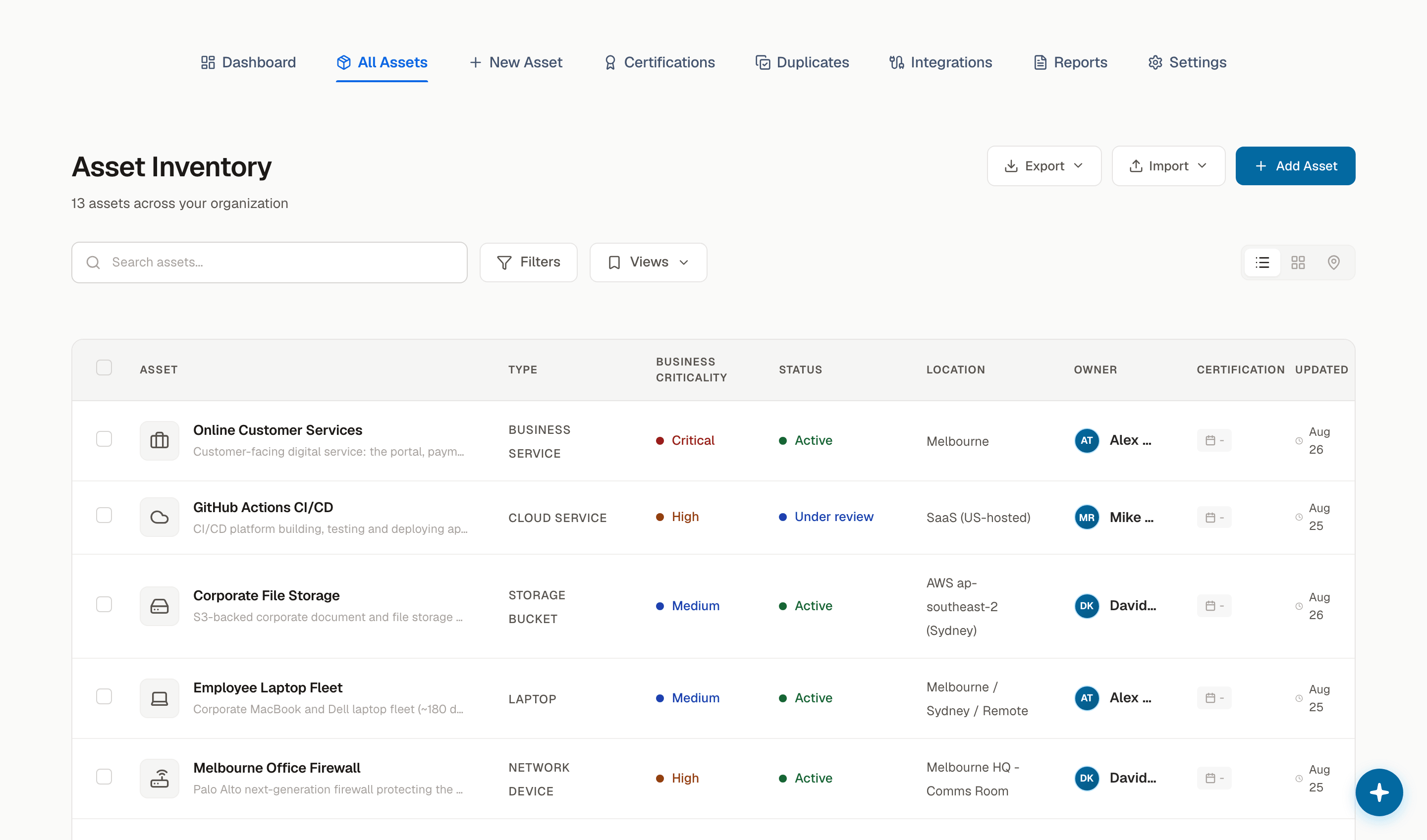 The asset register listing systems with owners, classifications, and relationships