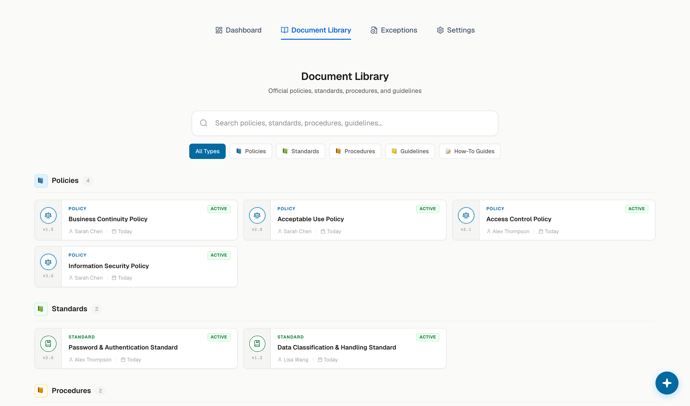 The policy document library with policies, standards, and procedures