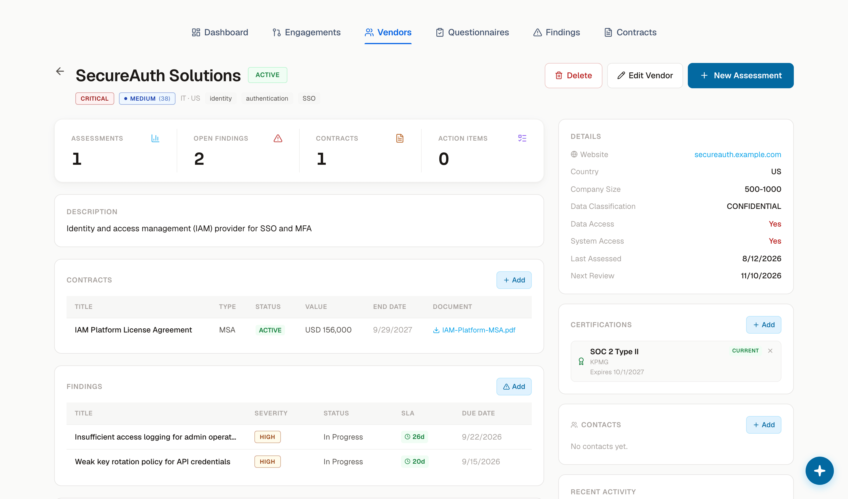 A vendor record with assessments, findings, contracts, and certifications